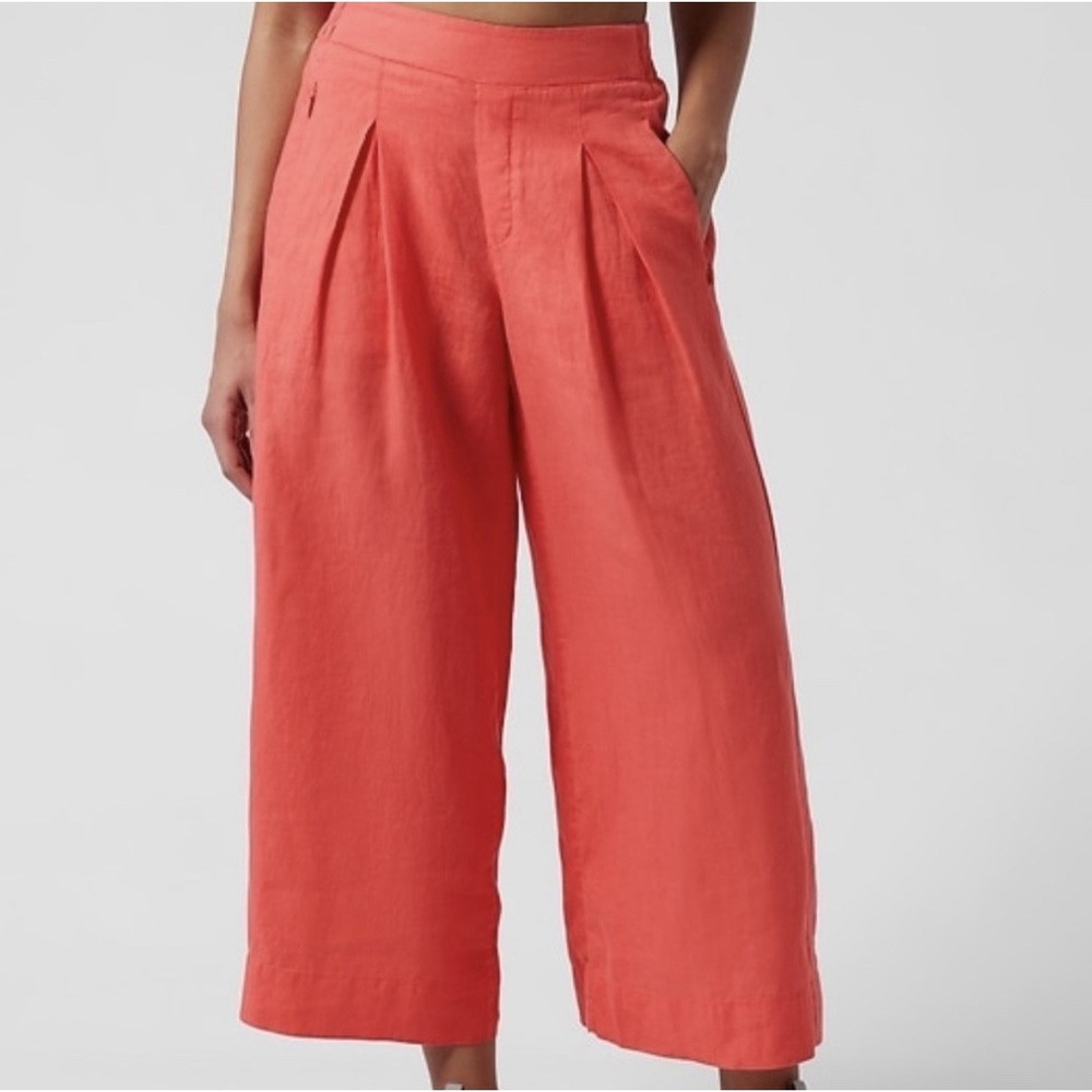 Athleta Playa Linen Wide Crop Pants Size 4 Passionfruit Coral Elastic Waist